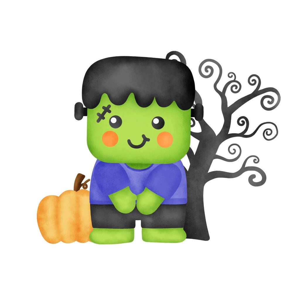 Watercolor cute Frankenstein for Halloween card. vector