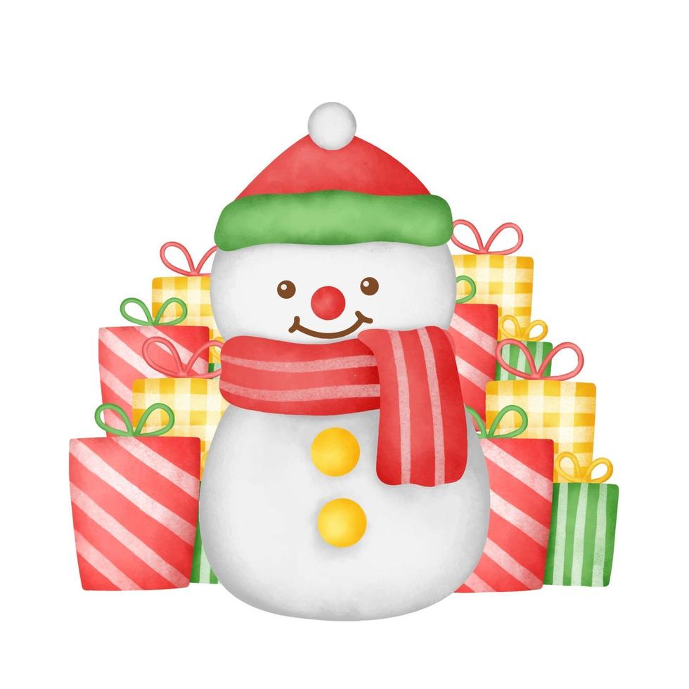 watercolor  christmas card with cute snowman and a gift boxes. vector
