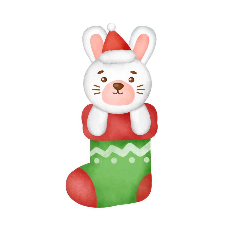 Hand drawn watercolor a cartoon rabbit  in a Christmas sock. vector