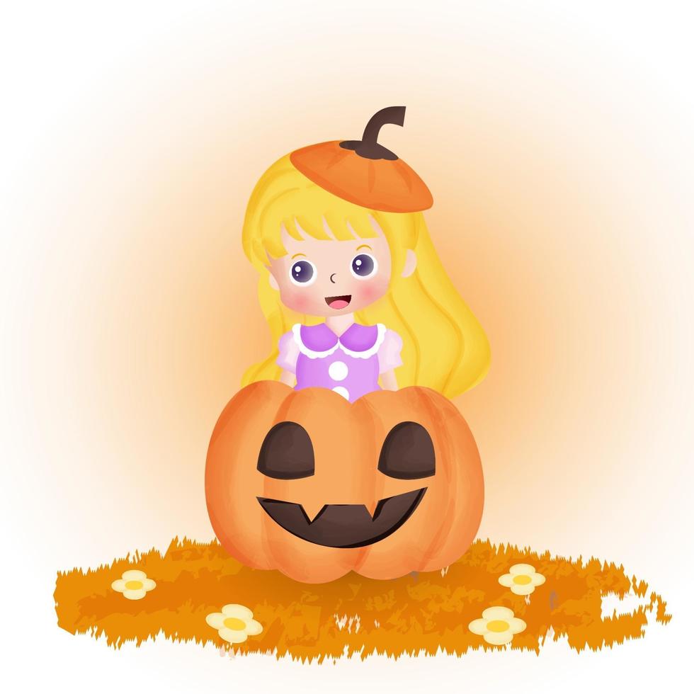 Halloween post card with cute witch and pumpkin in water color style. vector