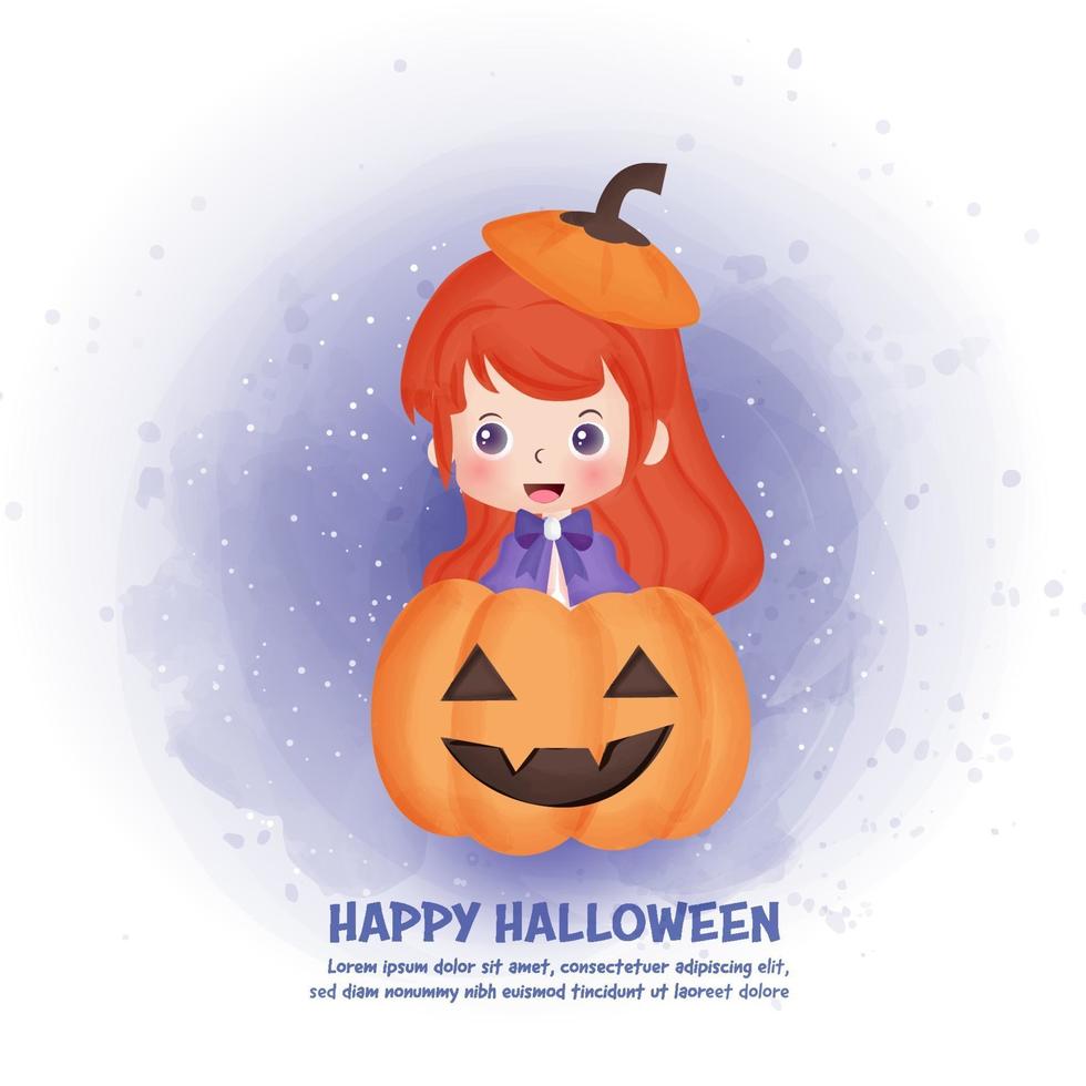 Halloween post card with cute witch and pumpkins. vector