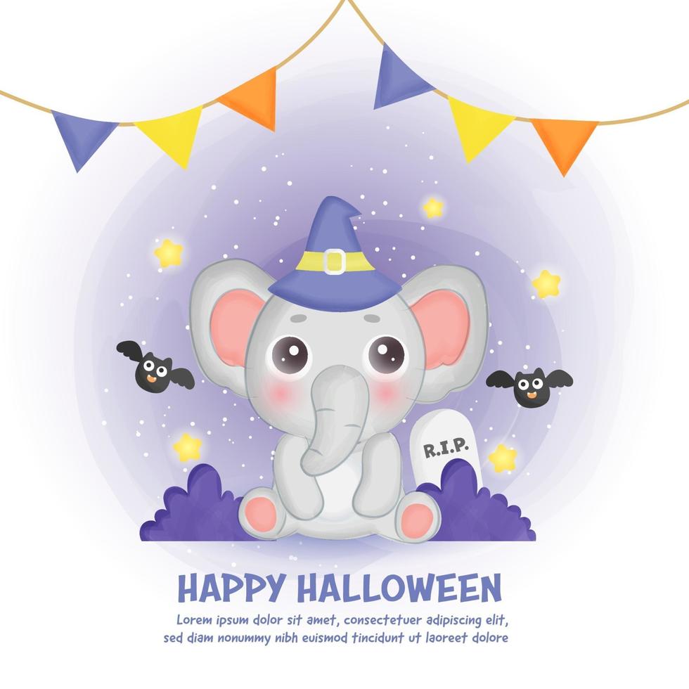 Happy halloween card with cute elephant. vector