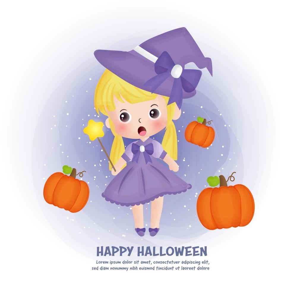 Halloween post card with cute witch and pumpkins. vector