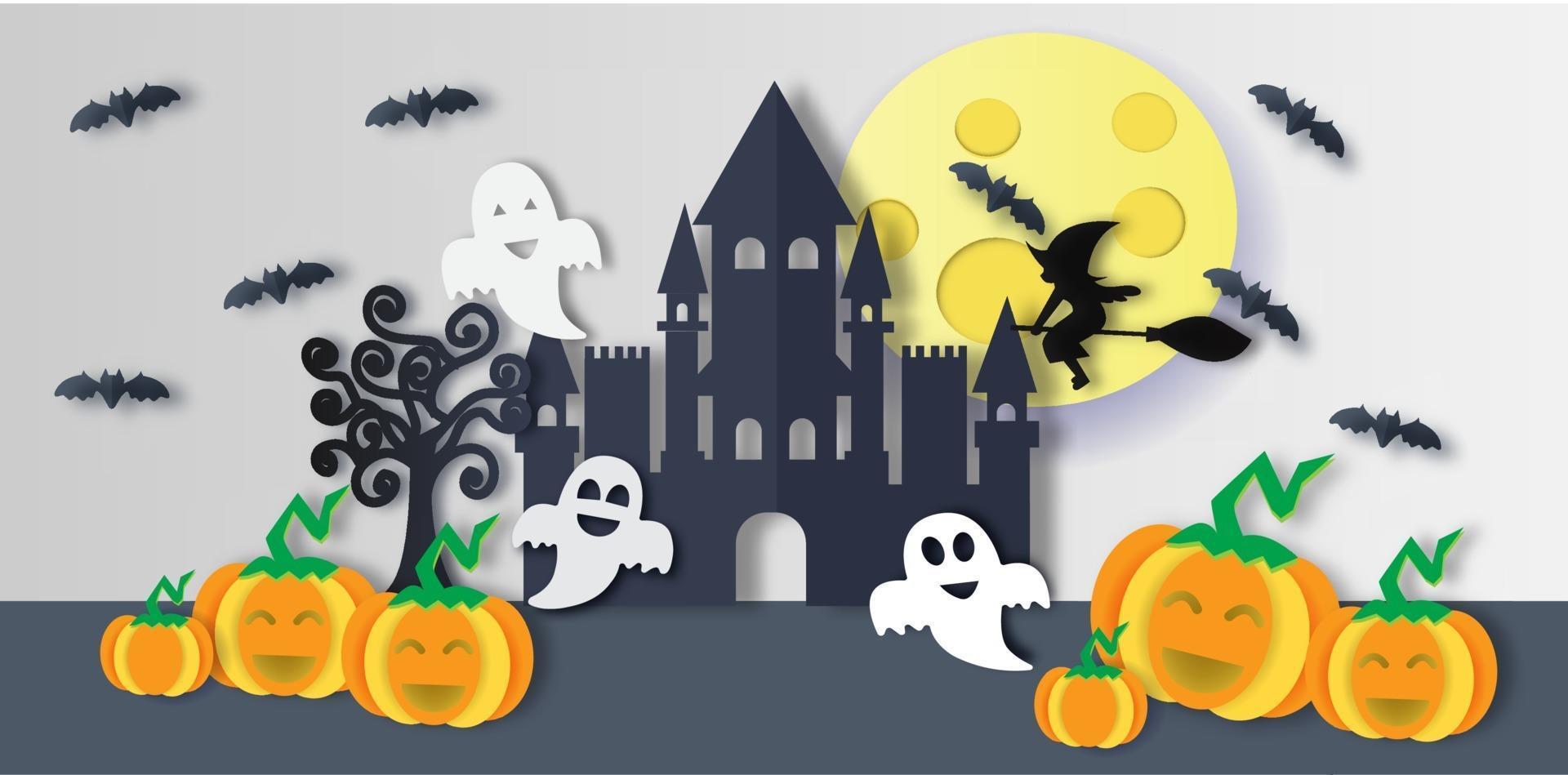 banner de feliz halloween en estilo de corte de papel vector