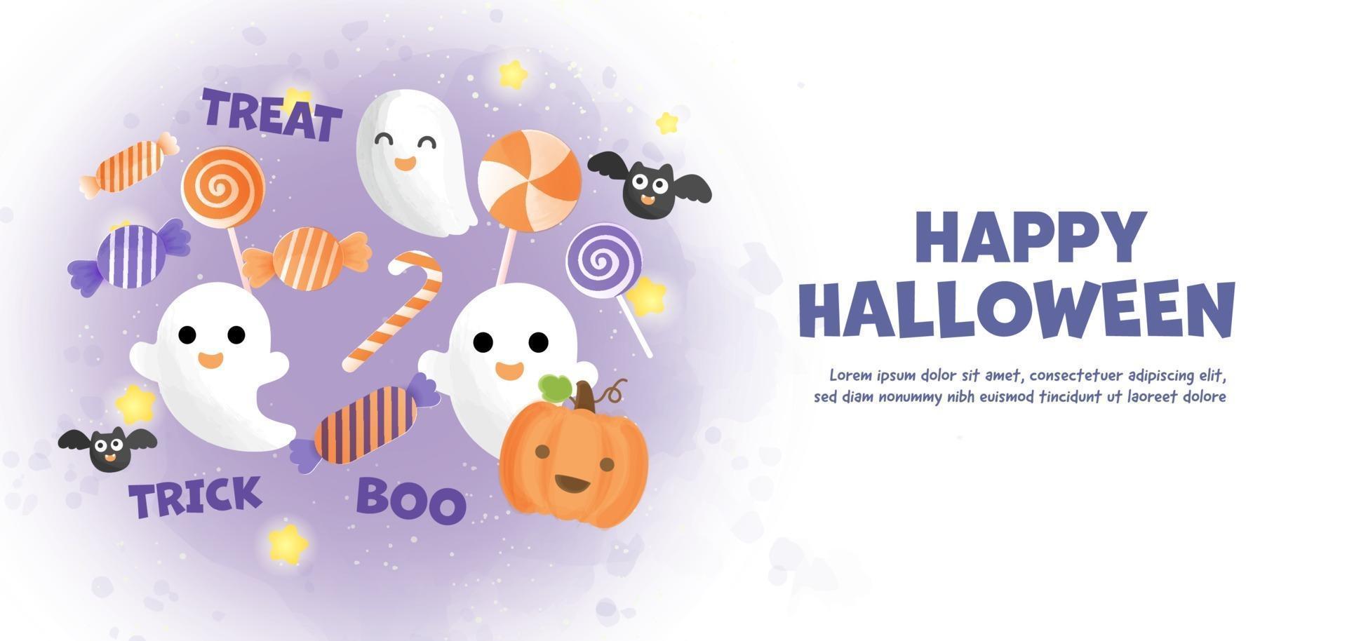 banner de feliz halloween con fantasmas lindos y dulces en estilo de color de agua. vector