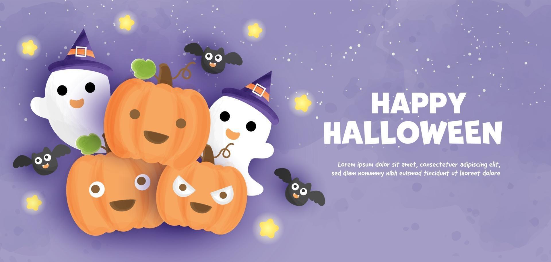 banner de feliz halloween con lindas calabazas y fantasmas vector