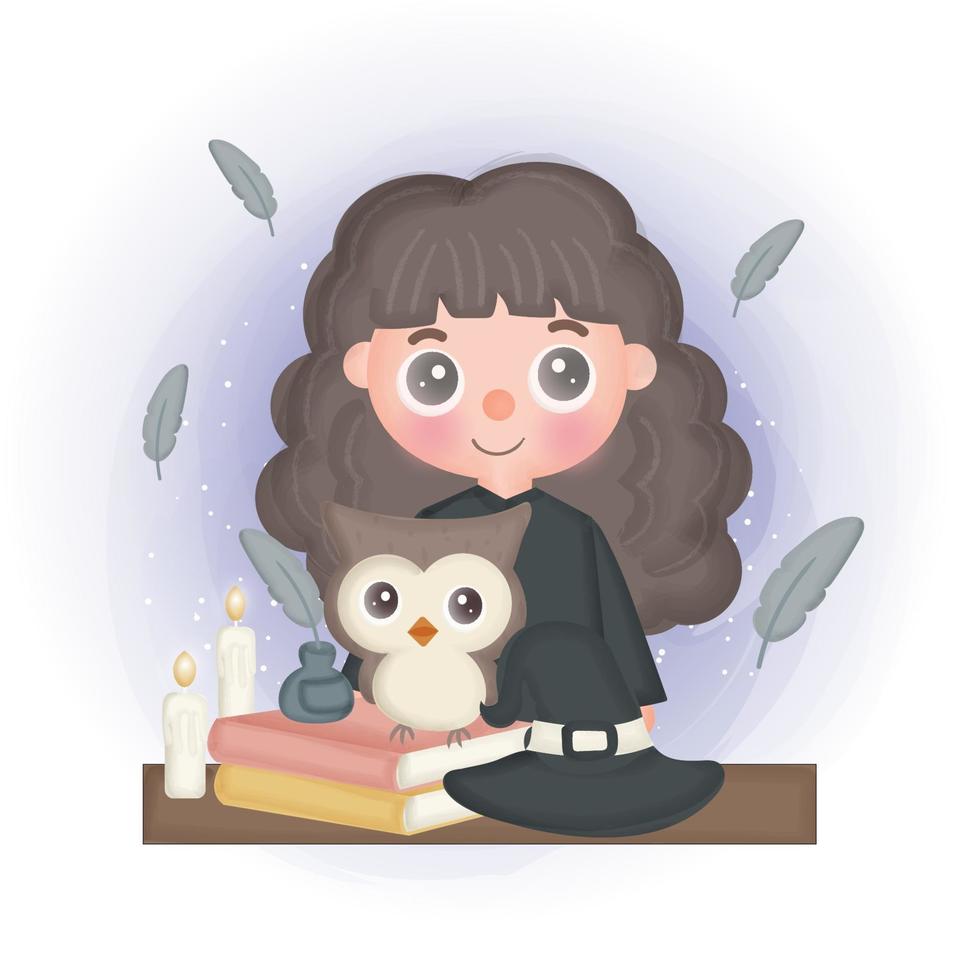 Halloween card with cute witch and owl. vector