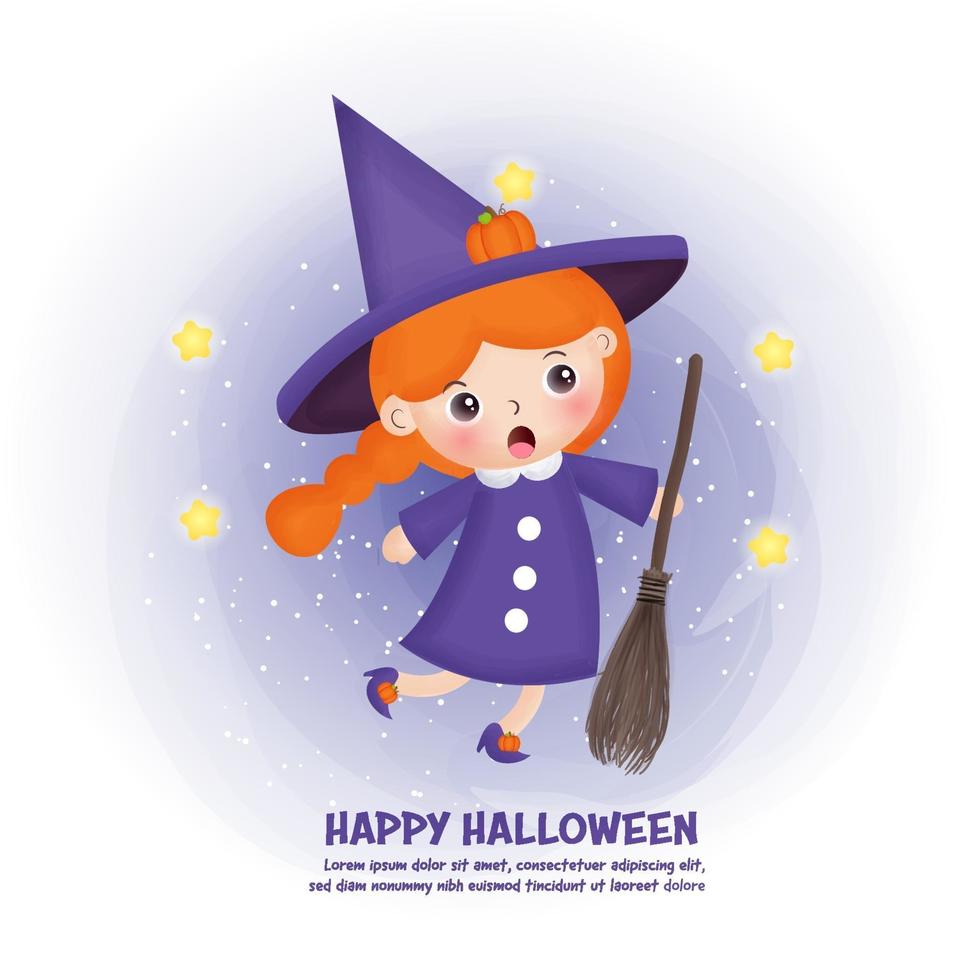 postal de Halloween con bruja linda y calabazas. vector