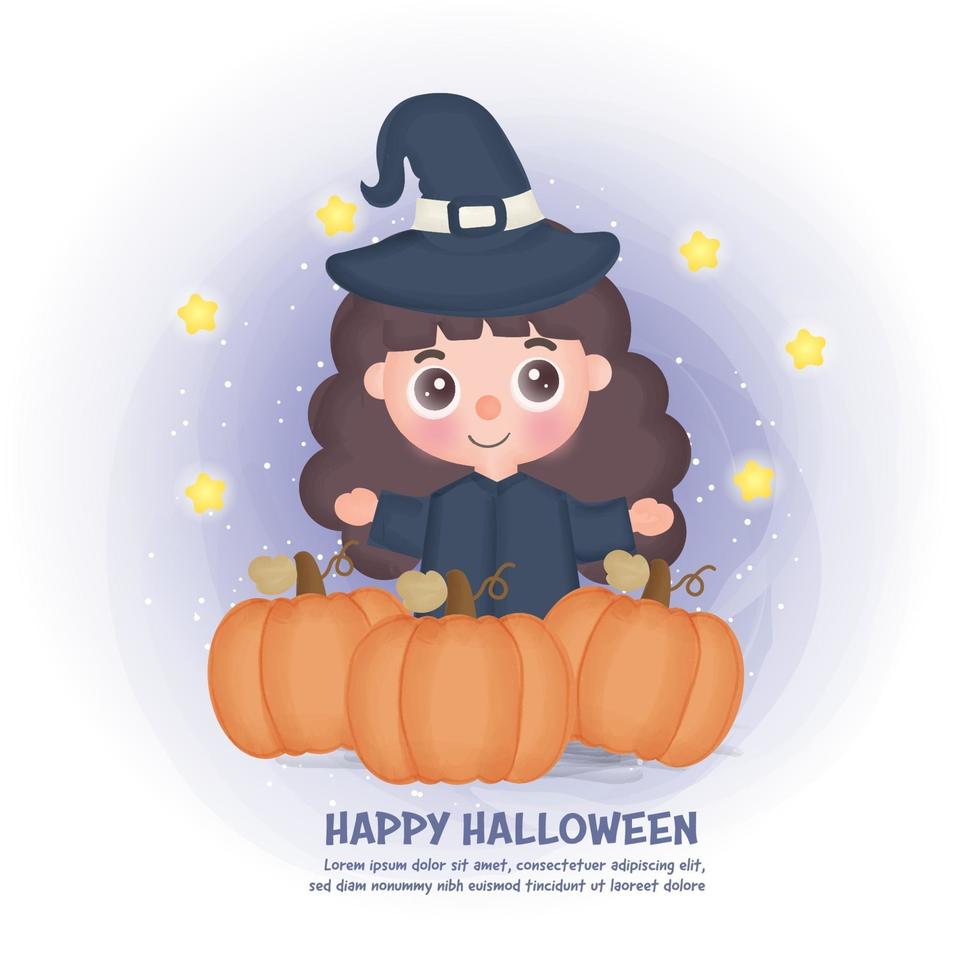 Halloween post card with cute witch and pumpkins. vector