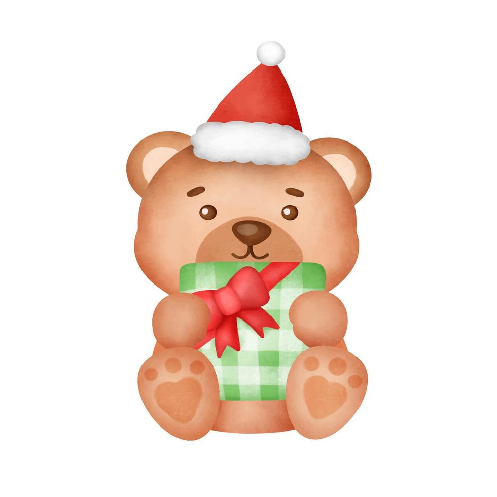 Tarjeta de Navidad acuarela dibujada a mano con un lindo oso. vector