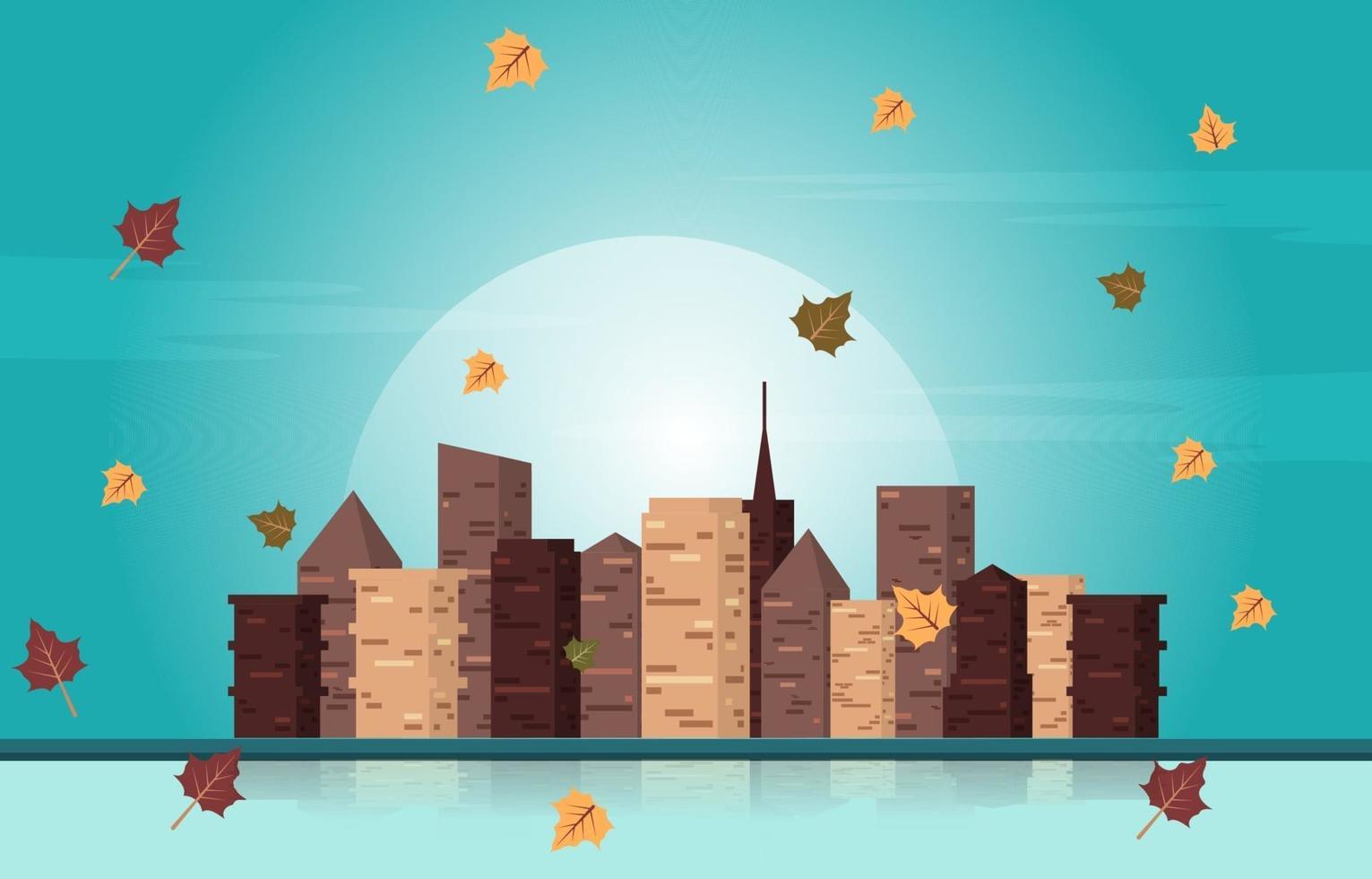 Afternoon Autumn Fall Season City Building Cityscape View Flat Design vector