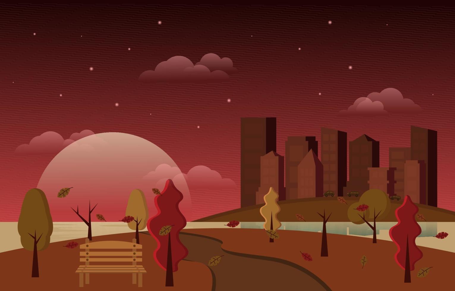 Autumn Fall Season Big Moon City Building Cityscape Flat Design vector