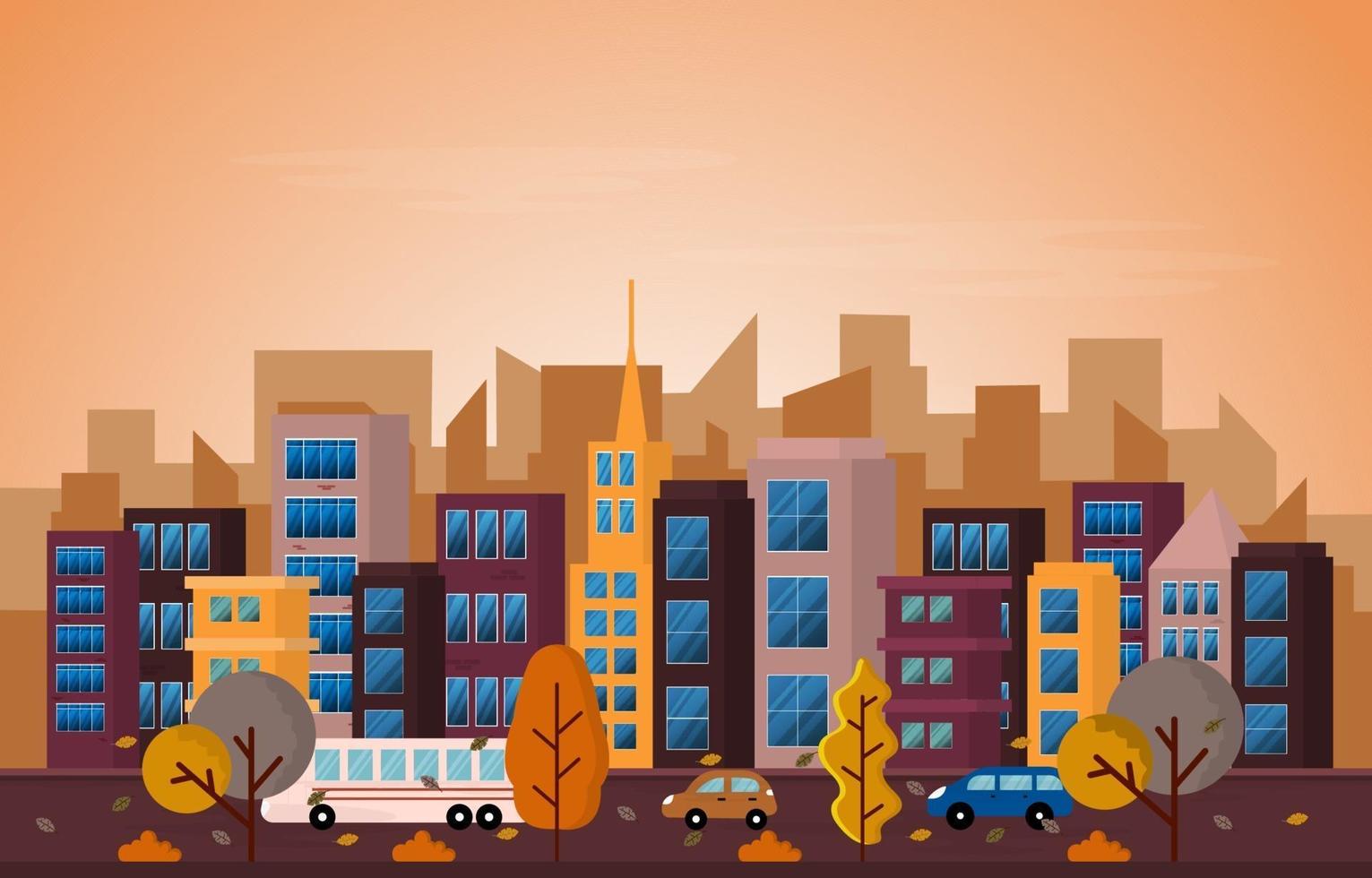 Autumn Fall Season City Street Building Cityscape View Flat Design vector