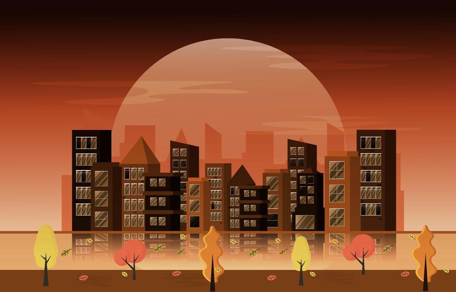 otoño temporada de otoño gran luna ciudad edificio paisaje urbano diseño plano vector