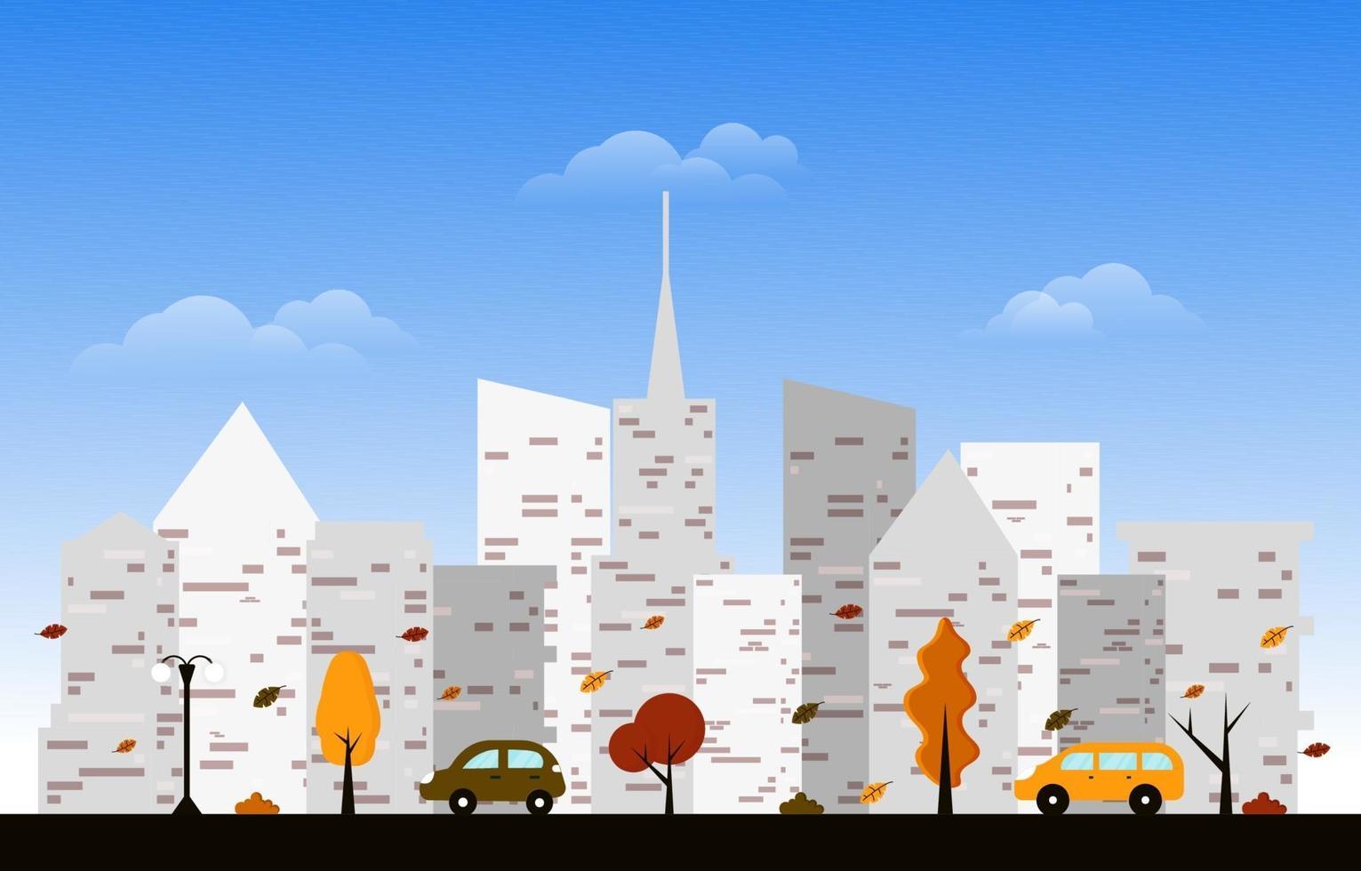 Autumn Fall Season City Street Building Cityscape View Flat Design vector