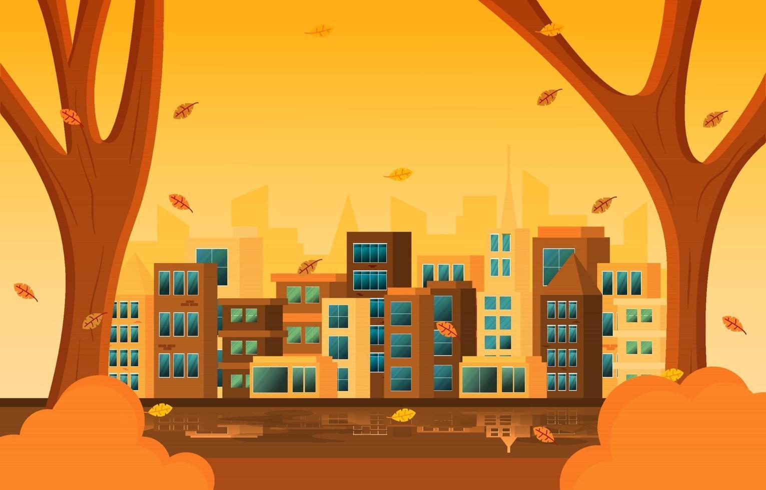 Autumn Fall Season City Park Building Trees Cityscape Flat Design vector