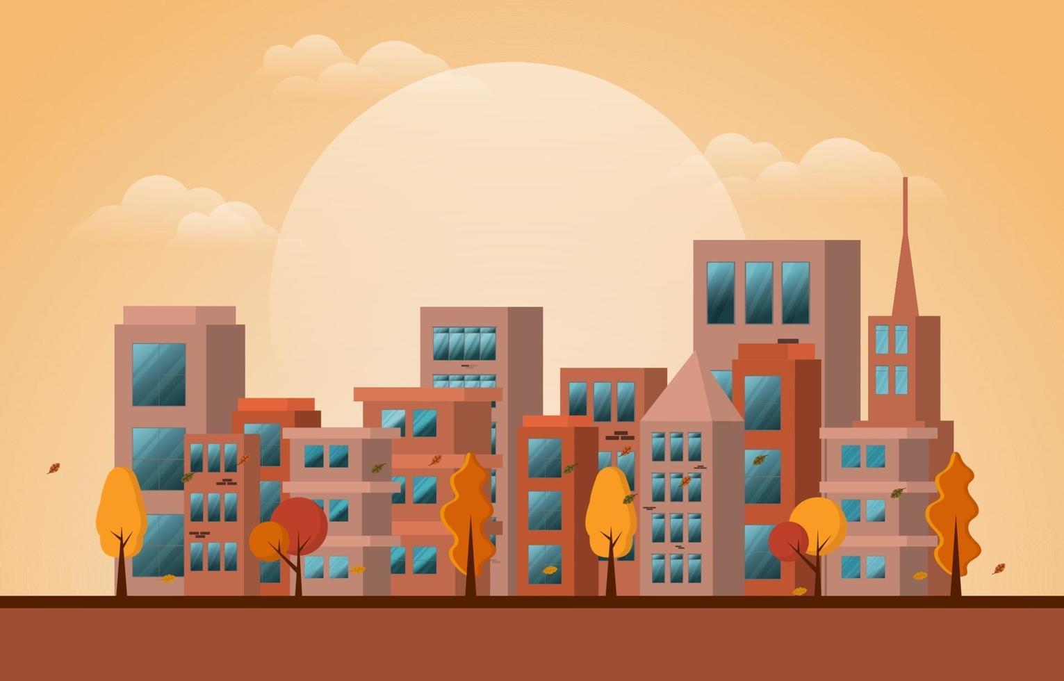 Afternoon Autumn Fall Season City Building Cityscape View Flat Design vector