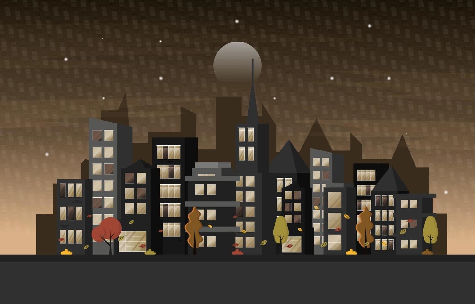 Autumn Fall Season Night City Building Cityscape View Flat Design vector