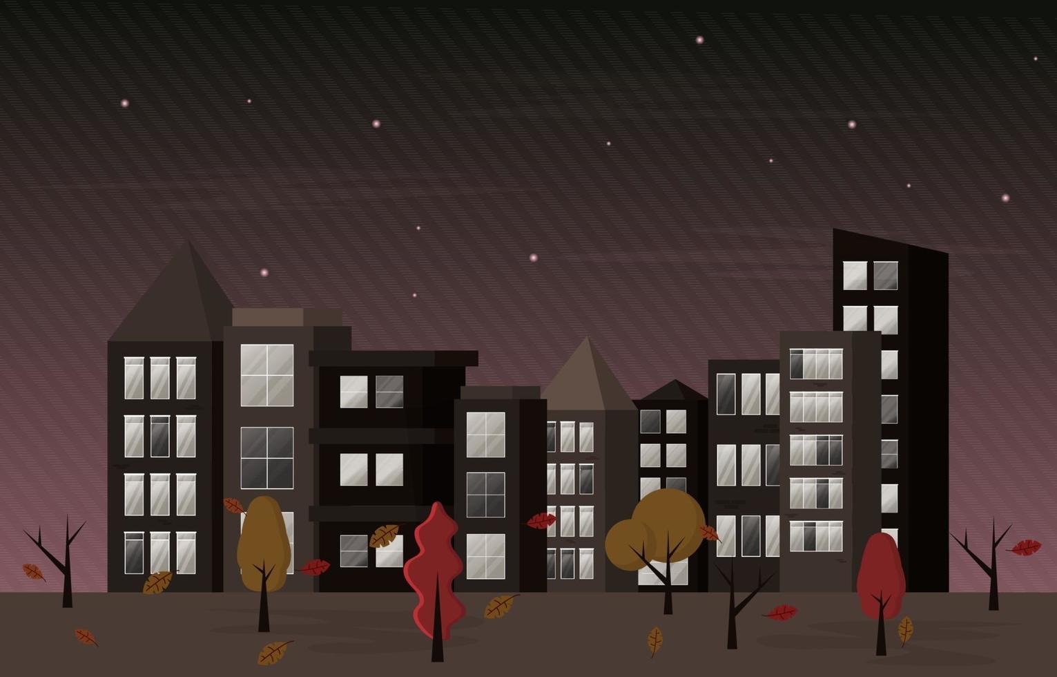 Autumn Fall Season Night City Building Cityscape View Flat Design vector