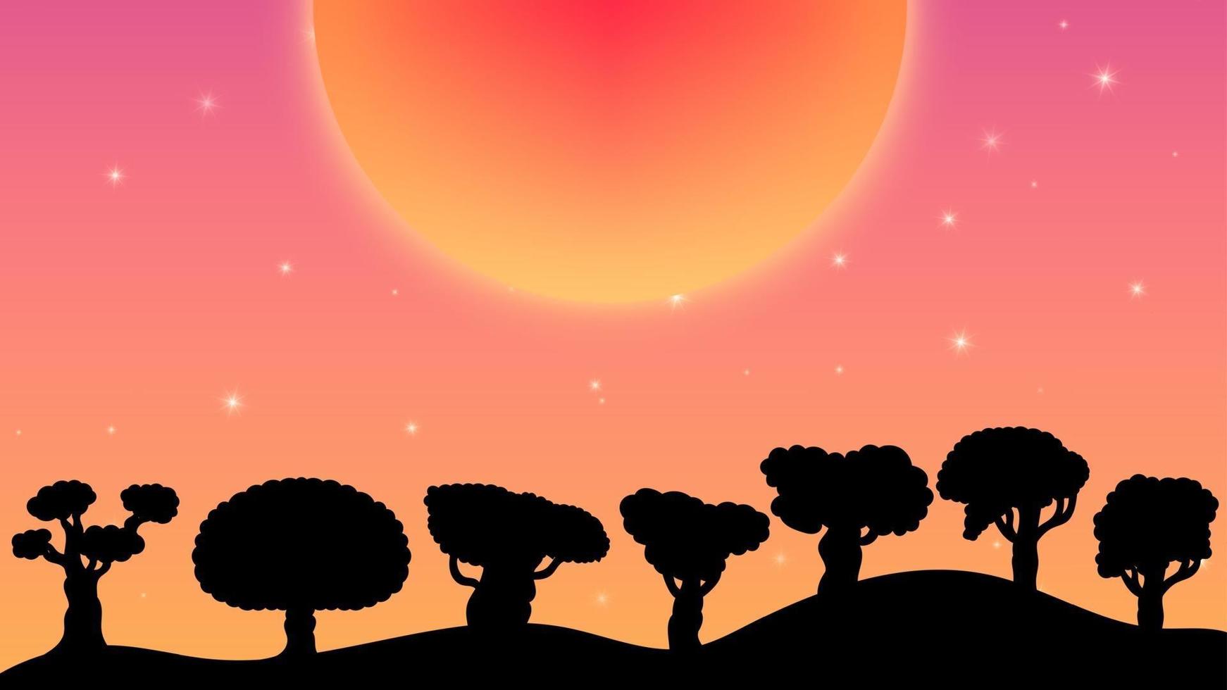 Sunset orange background with stars and planet sun set back ground vector