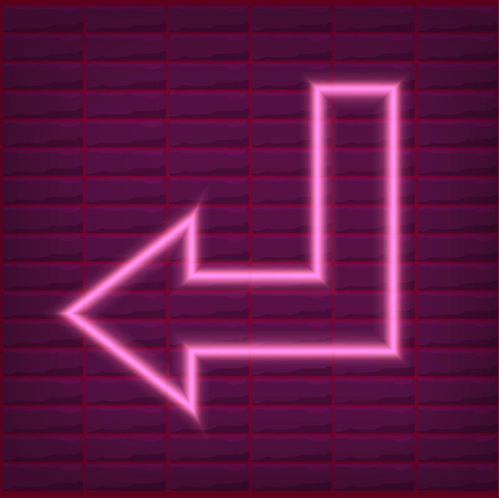 Esquema de flecha de neón rosa con fondo de pared de ladrillo con luz púrpura vector