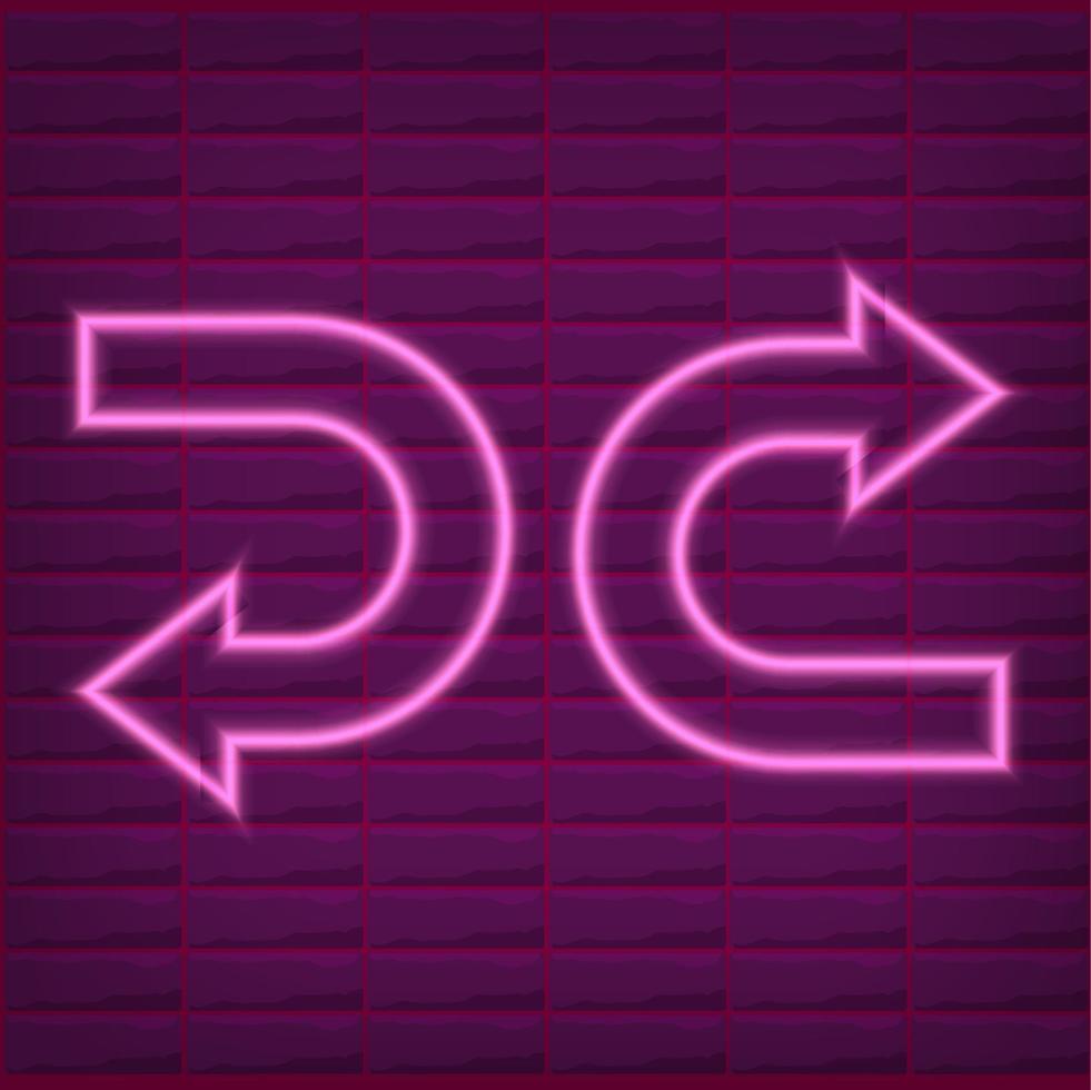 Pink neon arrow outline with brick wall background with purple light vector