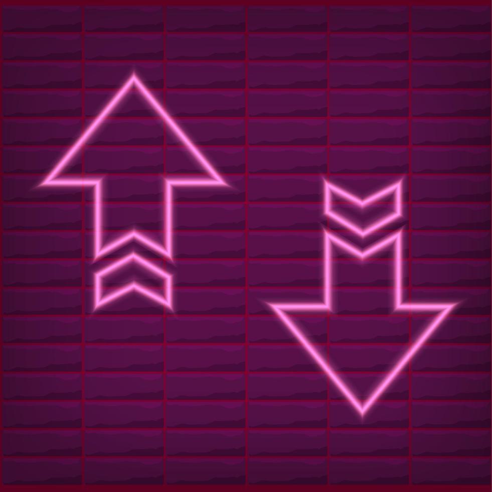 Pink neon arrow outline with brick wall background with purple light vector