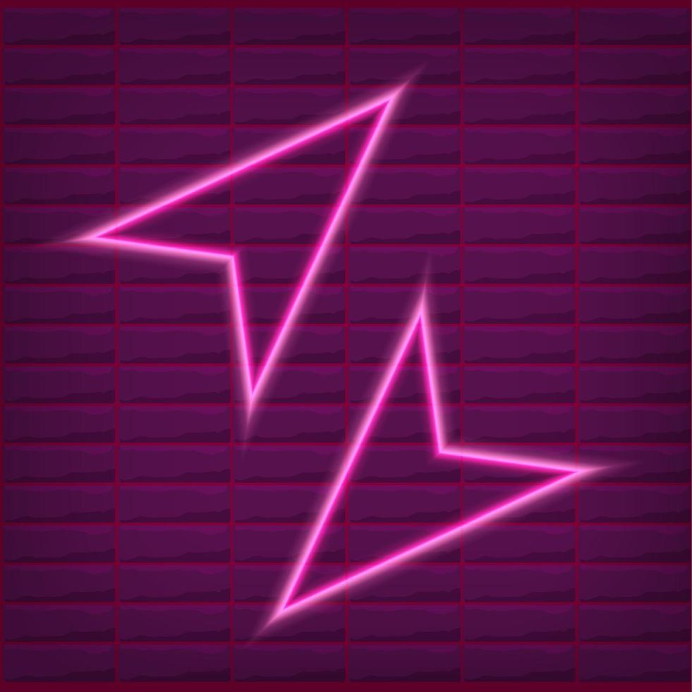 Esquema de flecha de neón rosa con fondo de pared de ladrillo con luz púrpura vector