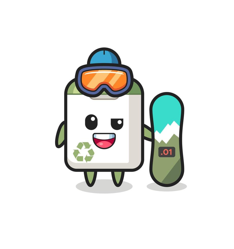 Ilustración de personaje de bote de basura con estilo de snowboard vector