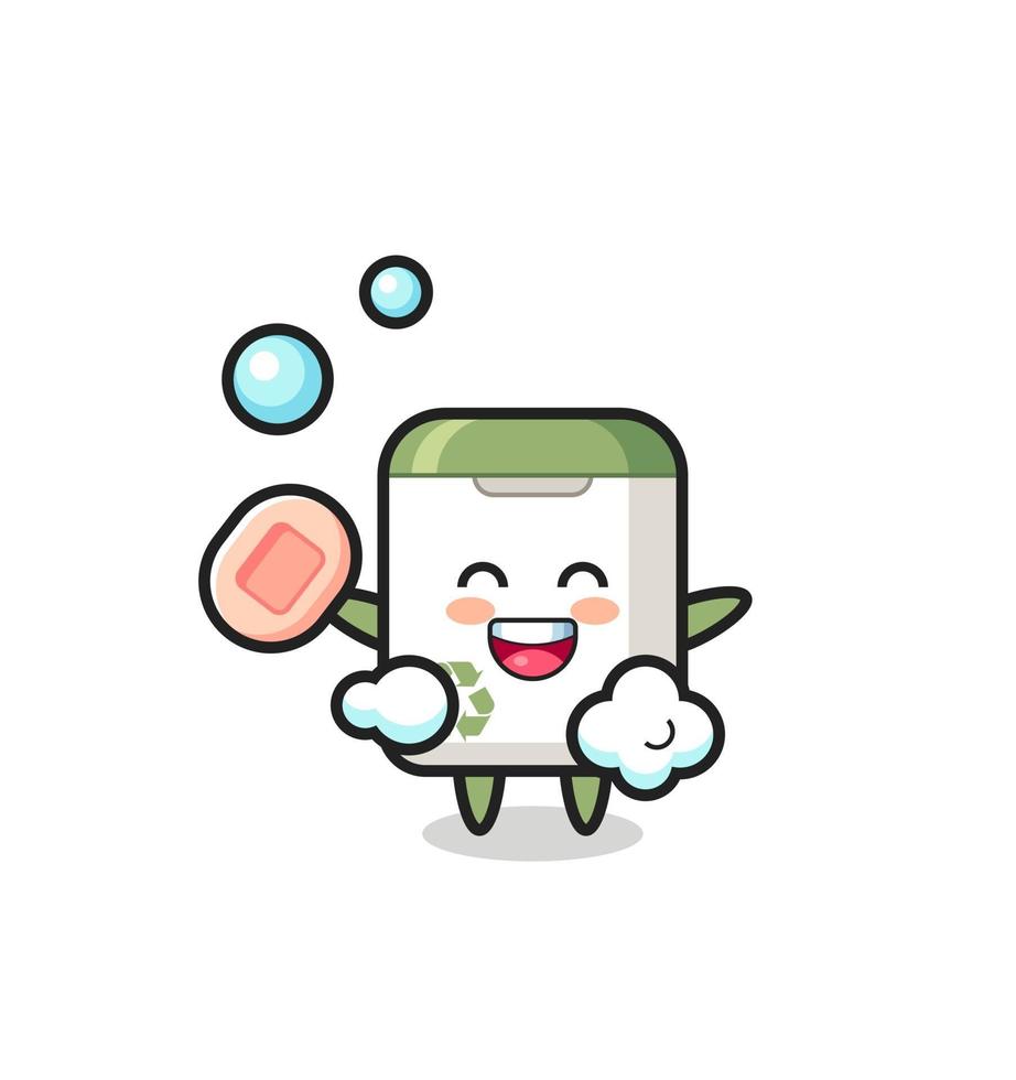 trash can character is bathing while holding soap vector