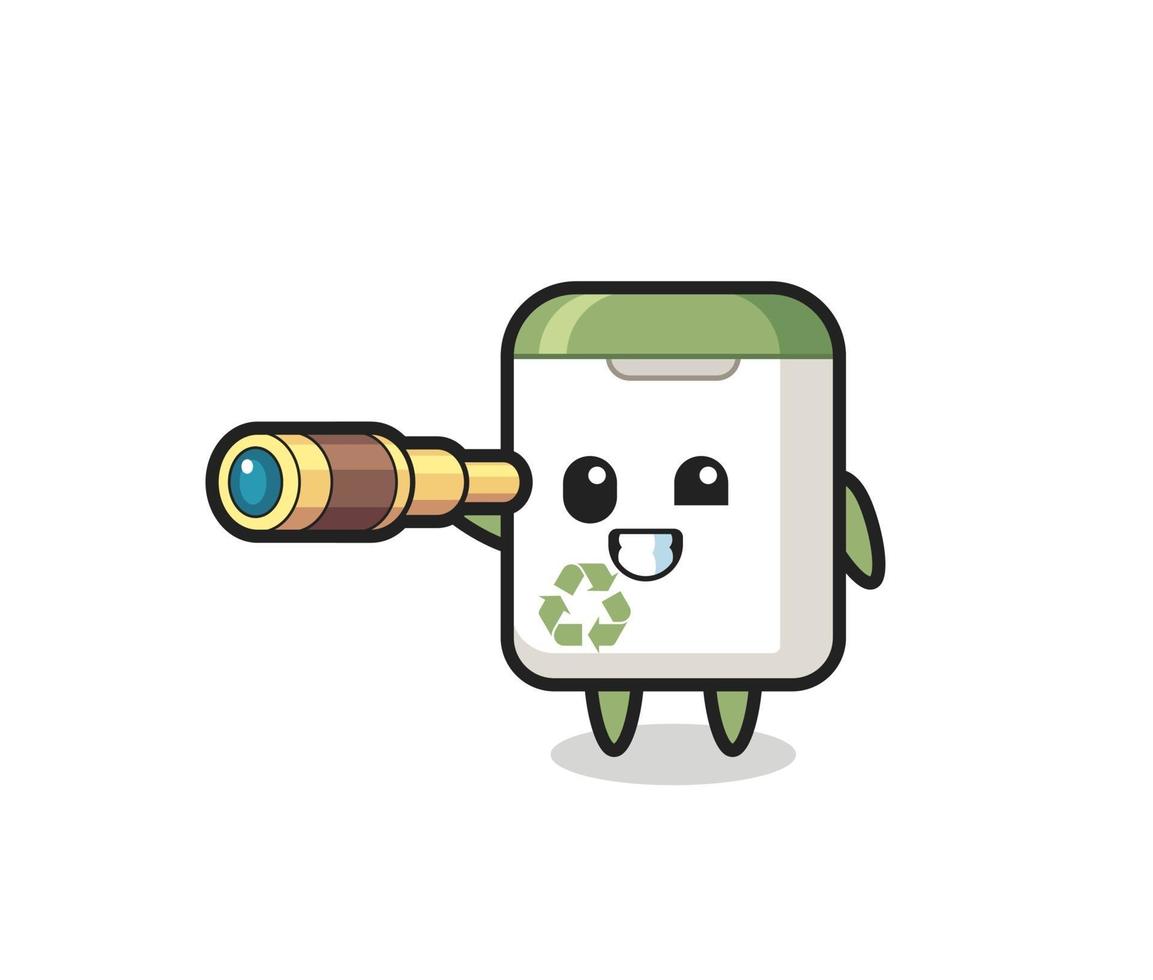 cute trash can character is holding an old telescope vector