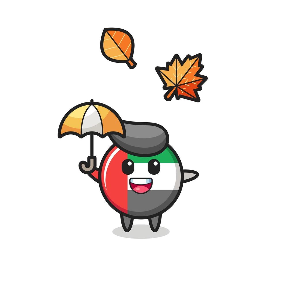 cartoon of the cute uae flag badge holding an umbrella in autumn vector