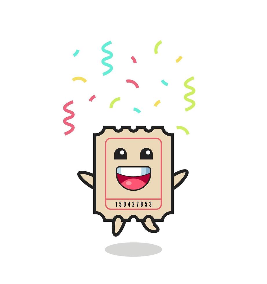 Mascota de boleto feliz saltando de felicitación con confeti de colores vector