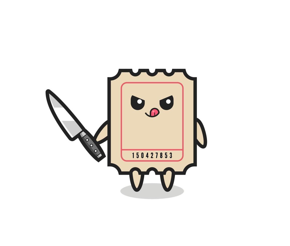 cute ticket mascot as a psychopath holding a knife vector