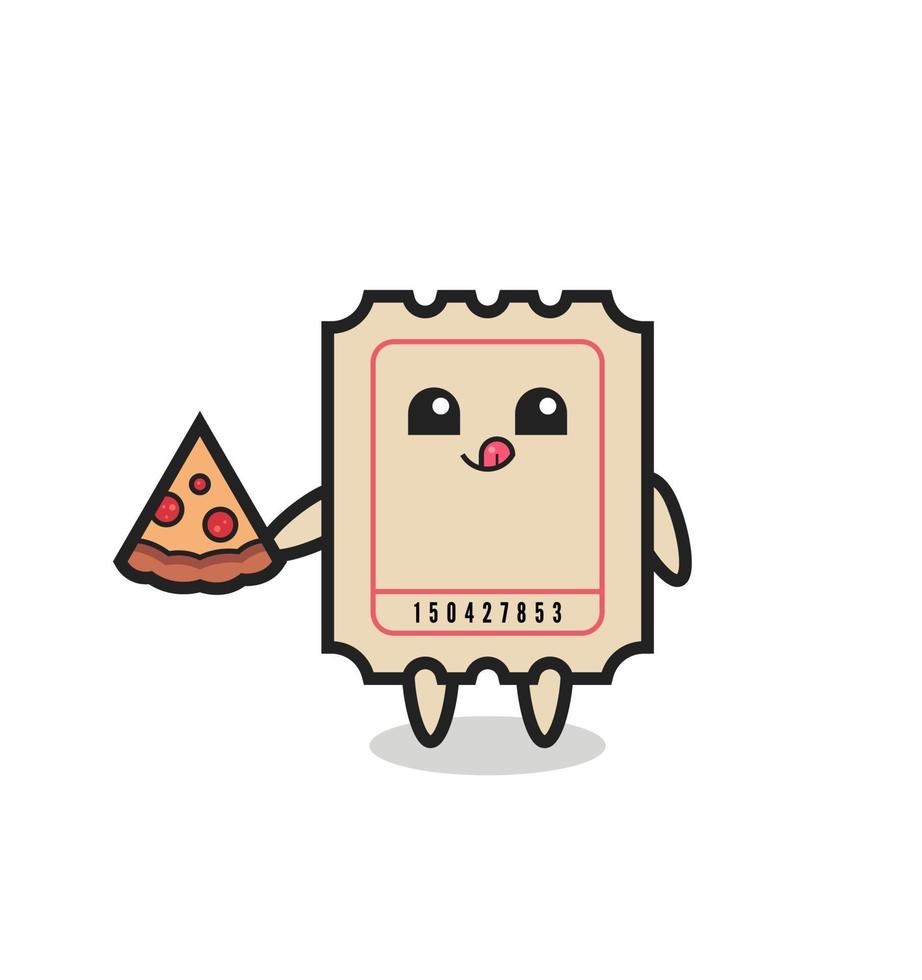 lindo boleto de dibujos animados comiendo pizza vector