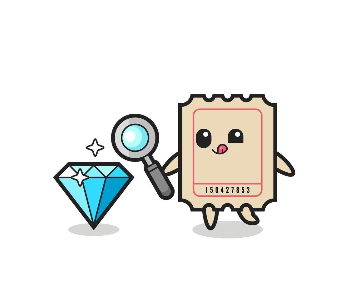 ticket mascot is checking the authenticity of a diamond vector