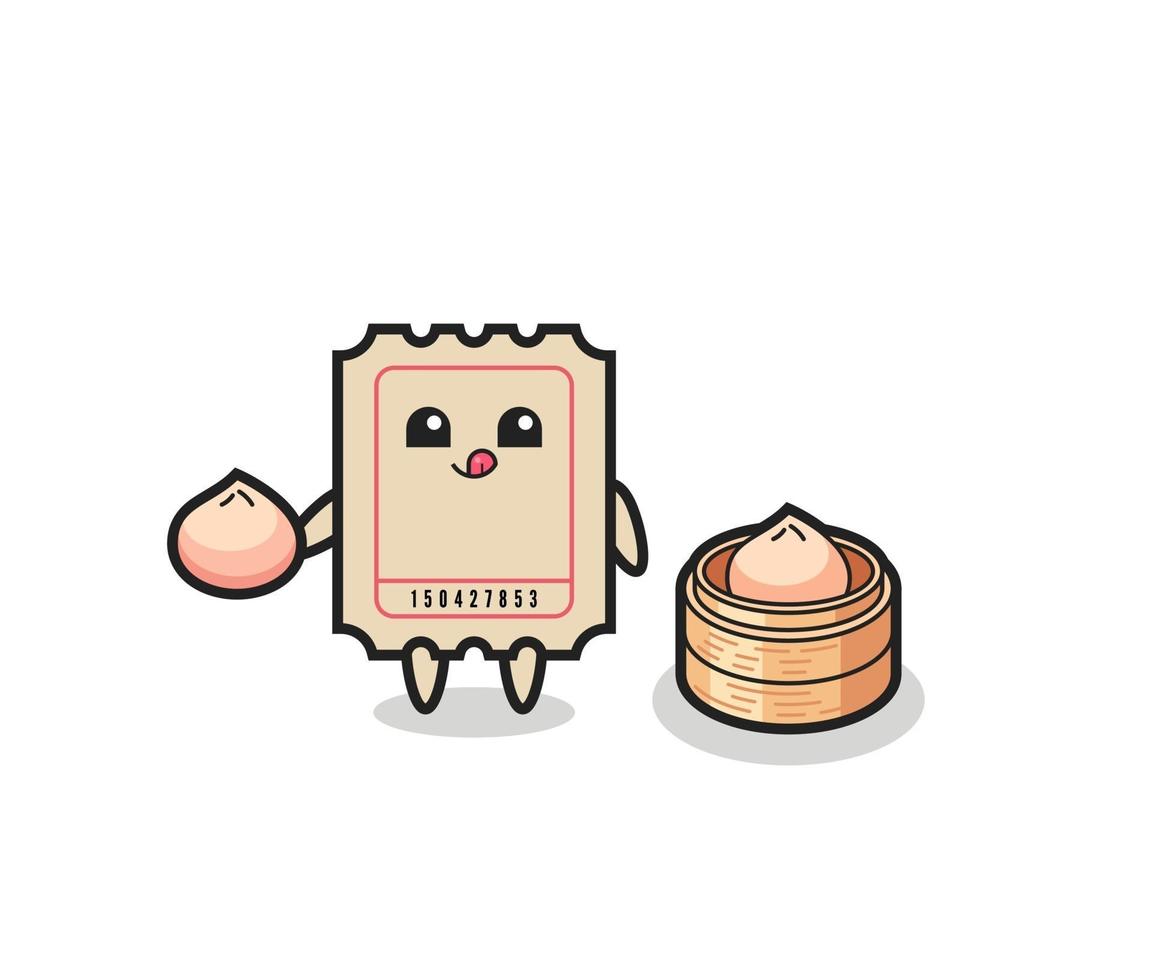 cute ticket character eating steamed buns vector