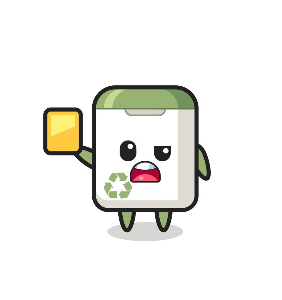 cartoon trash can character as a football referee giving a yellow card vector