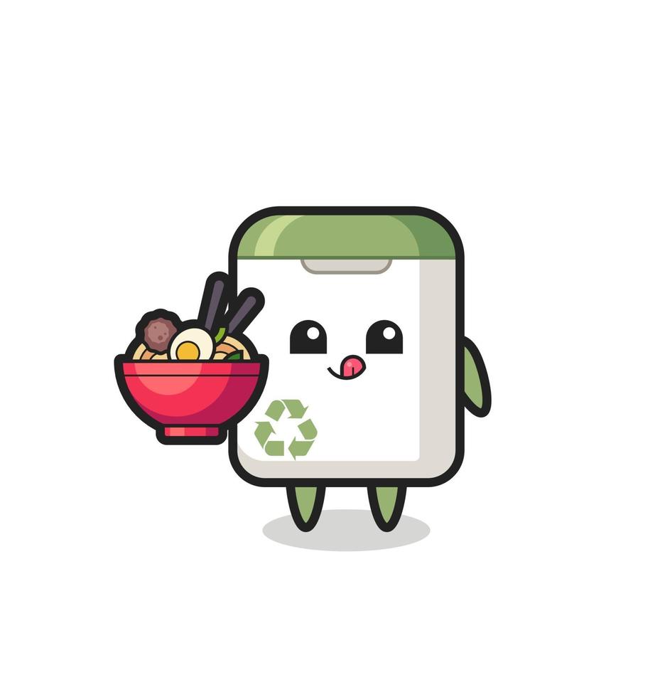 lindo personaje de bote de basura comiendo fideos vector