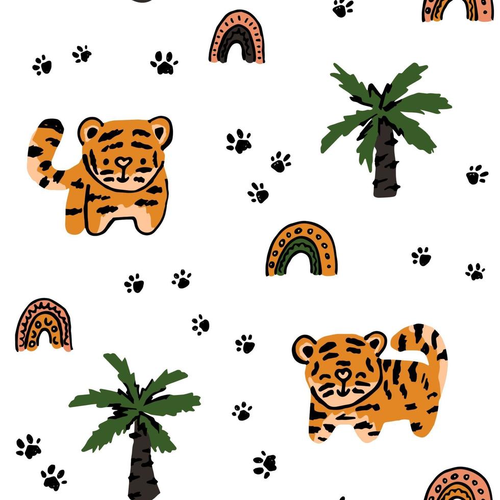 Childish hand drawn seamless pattern of tigers, palms, paws prints vector