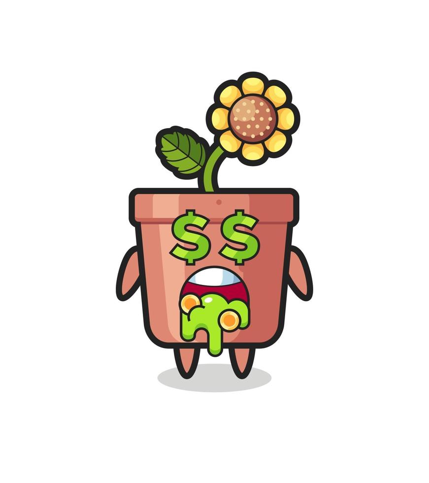sunflower pot character with an expression of crazy about money vector