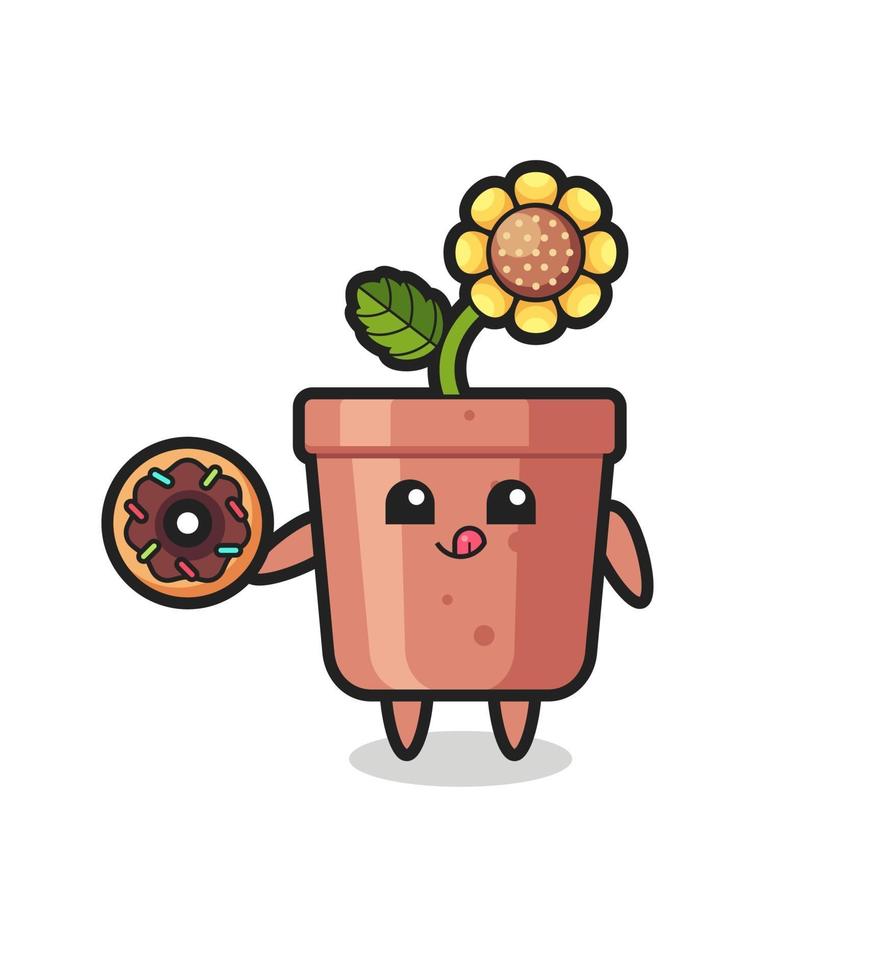 illustration of an sunflower pot character eating a doughnut vector