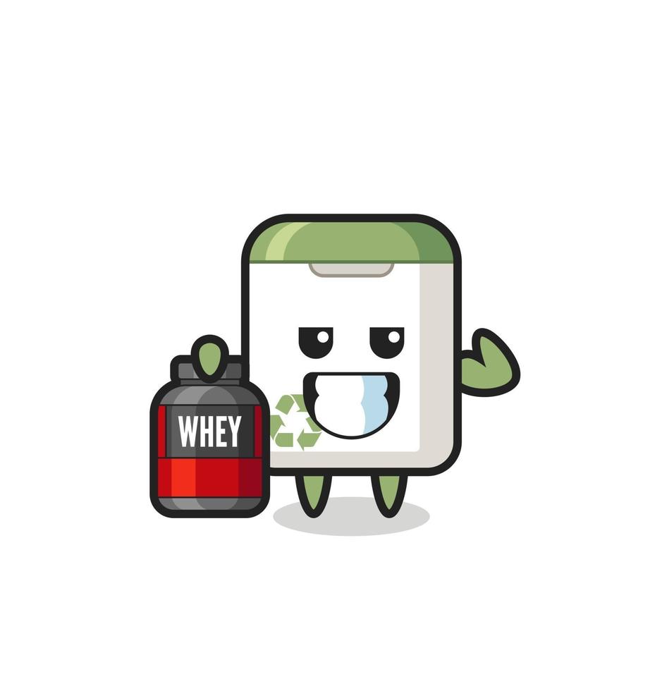 the muscular trash can character is holding a protein supplement vector