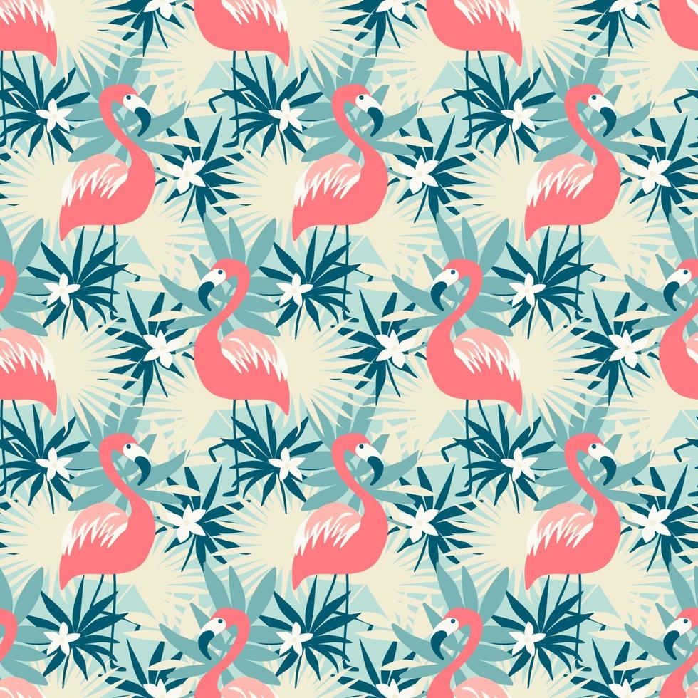 Seamless pattern with flamingo and tropical plants vector