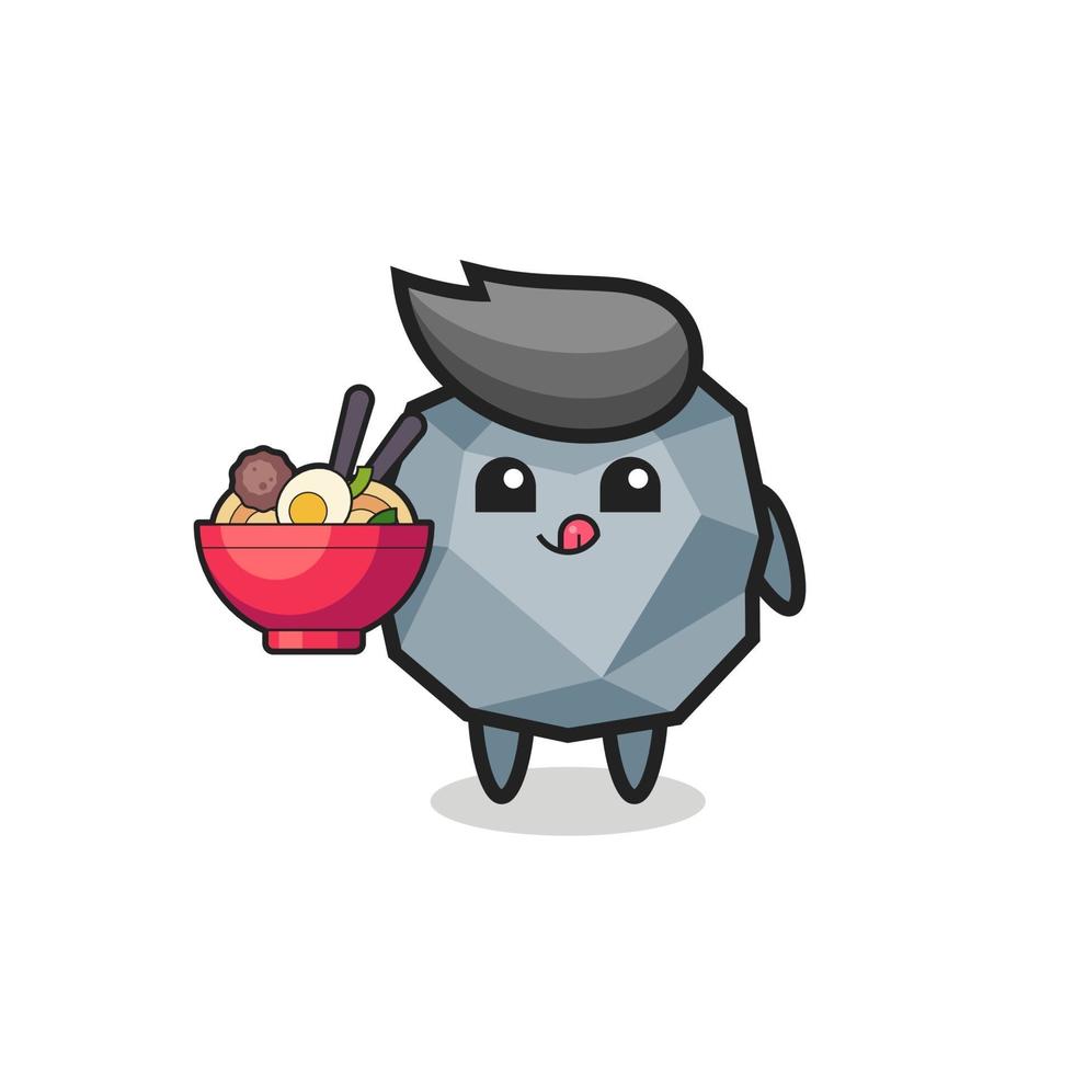 lindo personaje de piedra comiendo fideos vector