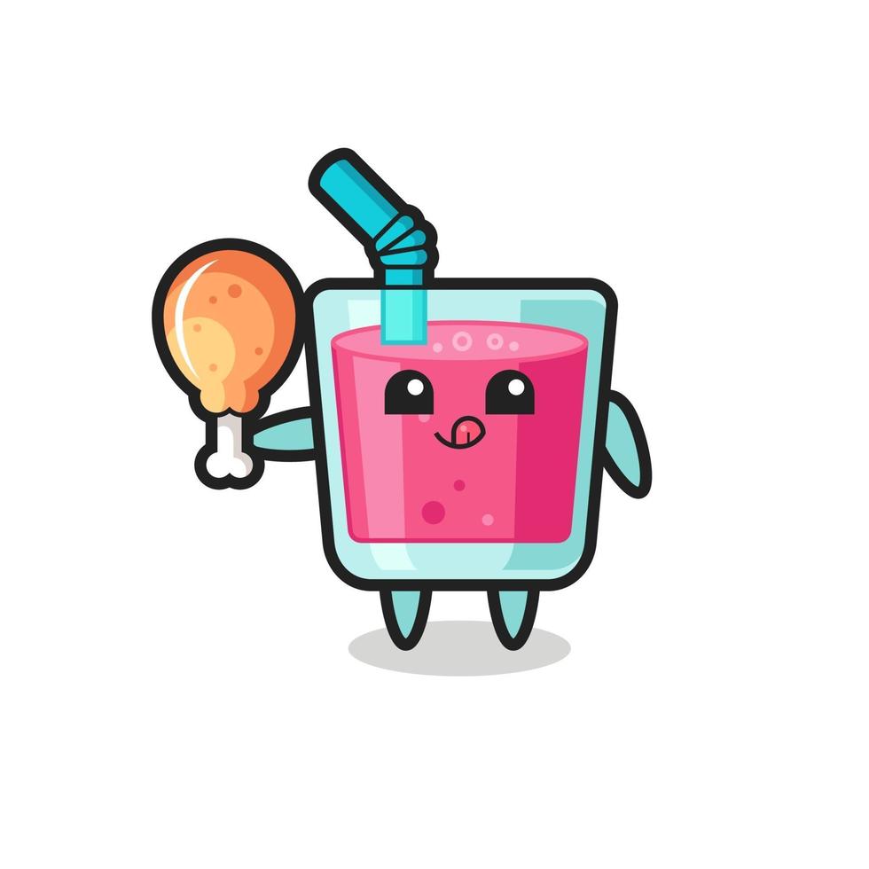 strawberry juice cute mascot is eating a fried chicken vector