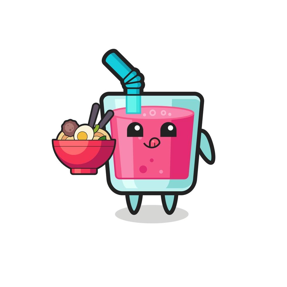 lindo personaje de jugo de fresa comiendo fideos vector