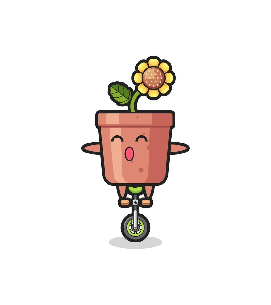 The cute sunflower pot character is riding a circus bike vector