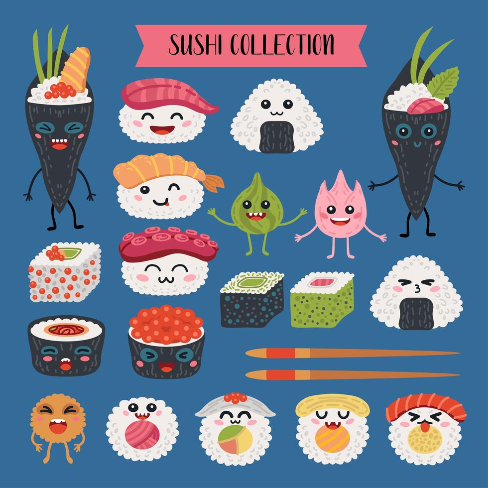 colección de rollos kawaii y personajes de sushi vector