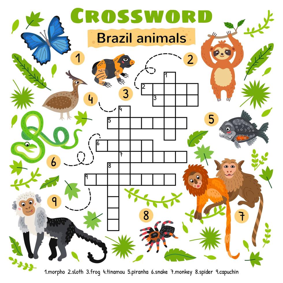 Brazil animals crossword. Game for preschool kids vector